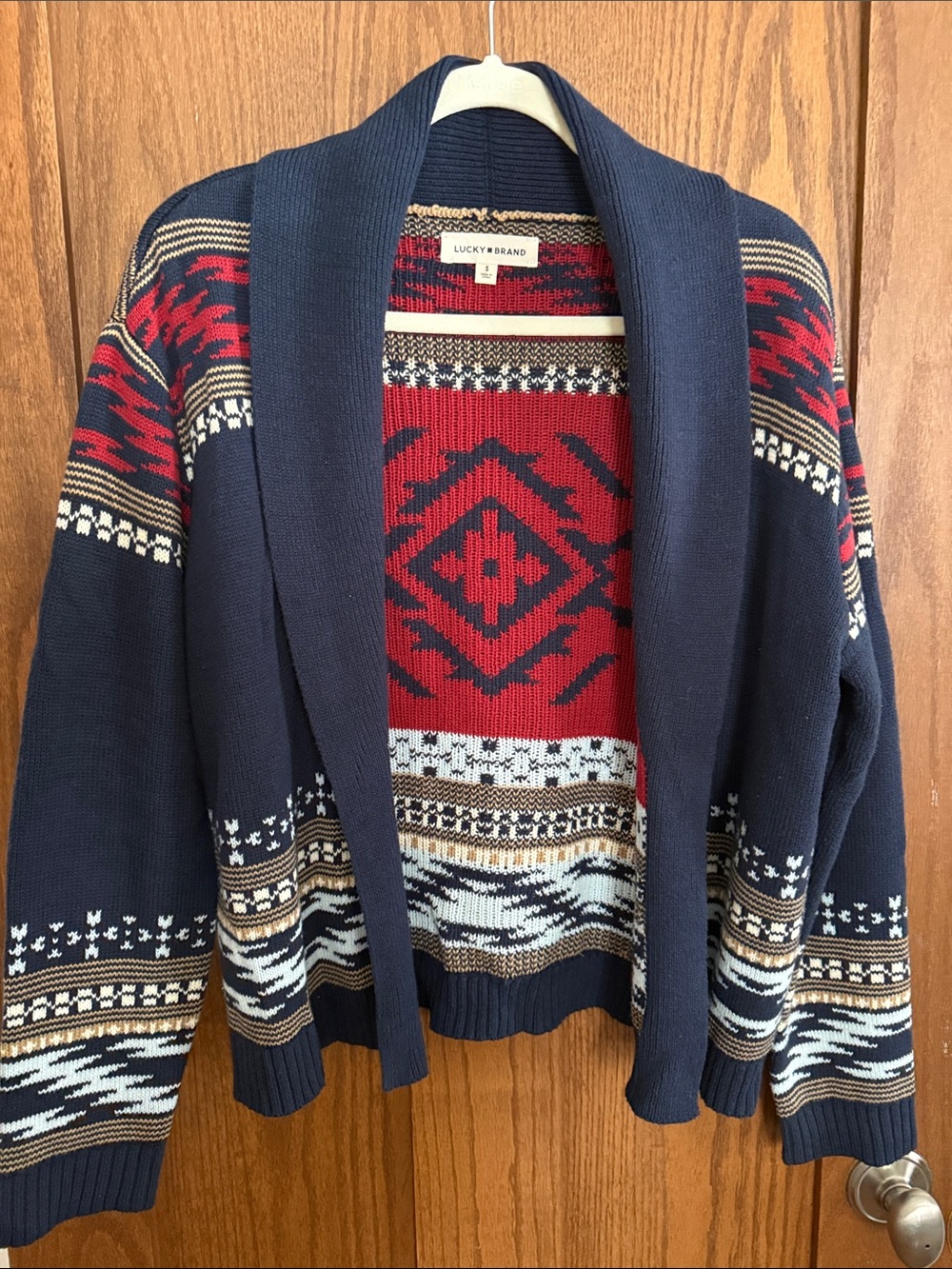 Lucky Brand Navy, Red & Cream Open-Front Patterned Cardigan